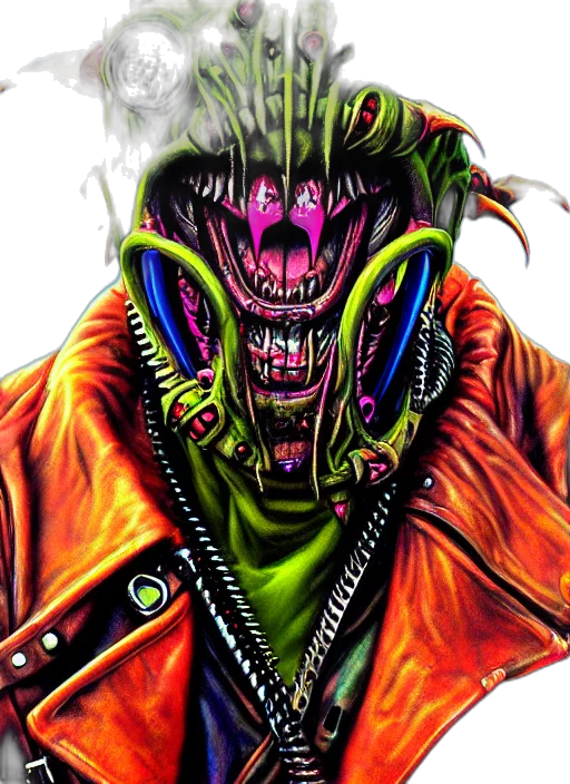 jacket, mask, creature, face, cyberpunk, comic book art, concept art, fantasy art transparent PNG cut-out