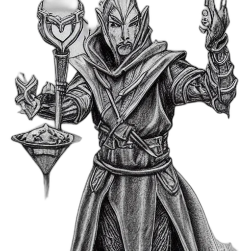 staff, mask, sword, fantasy art, concept art, comic book art, pencil sketch, monochrome transparent PNG cut-out