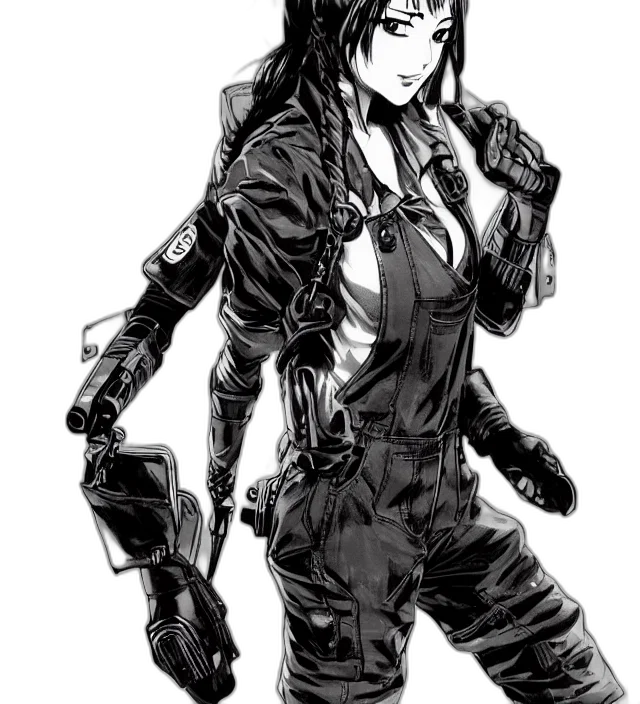 jacket, weapon, comic book art, cyberpunk, concept art, cartoon, monochrome, dark transparent PNG cut-out