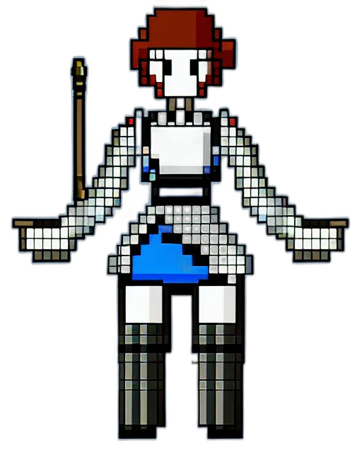 robot, staff, sword, weapon, pixel art, concept art, cartoon, 3d render transparent PNG cut-out