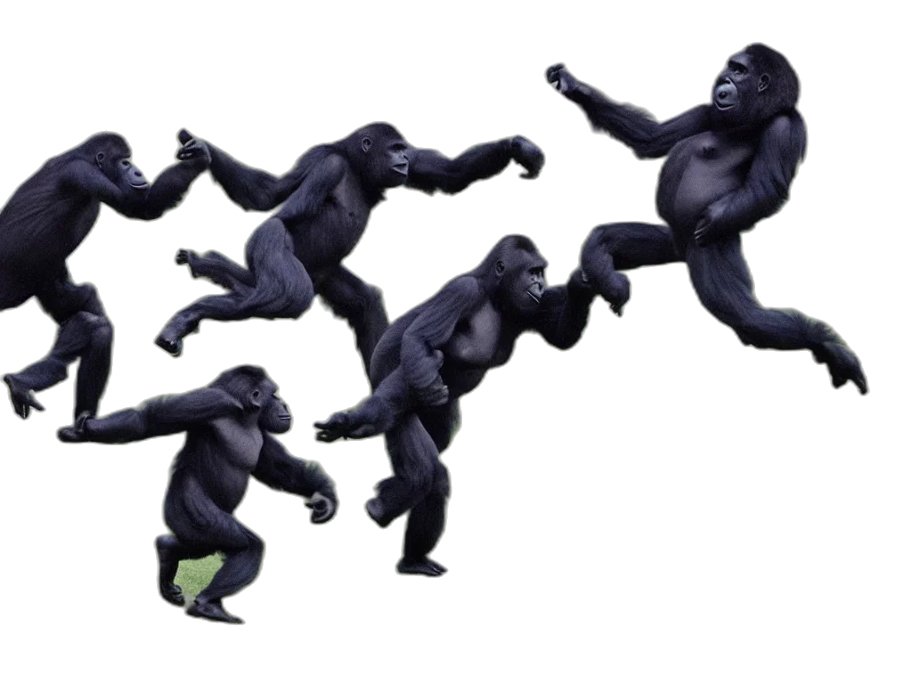 animal, creature, concept art, 3d render, photorealistic, gorilla, kicking, ball transparent PNG cut-out