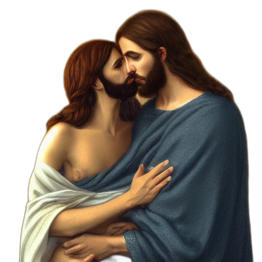 photorealistic, oil painting, jesus, kissing transparent PNG cut-out
