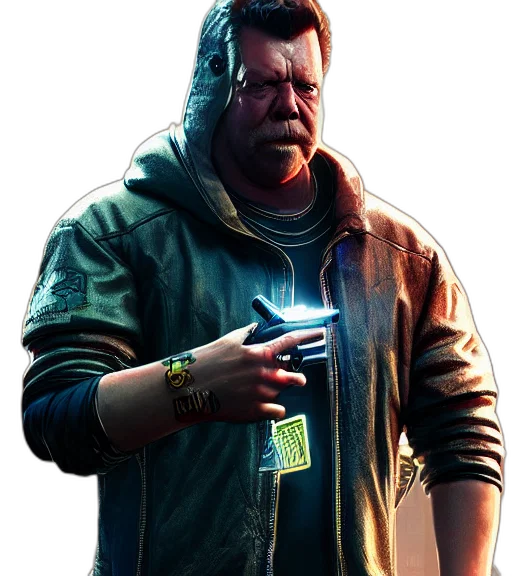 jacket, weapon, face, staff, concept art, cyberpunk, comic book art, photorealistic transparent PNG cut-out