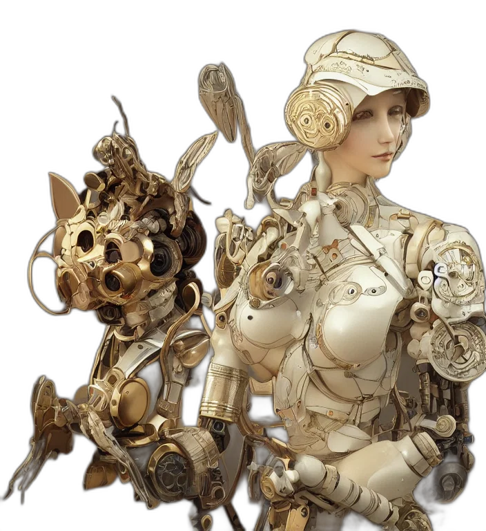 robot, jewelry, weapon, concept art, fantasy art, 3d render, cyberpunk, golden transparent PNG cut-out