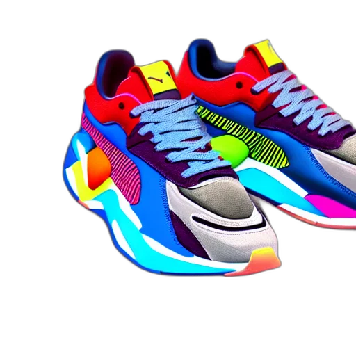 shoes, vaporwave, 3d render, neon, colorful, puma, sneakers, vfx transparent PNG cut-out