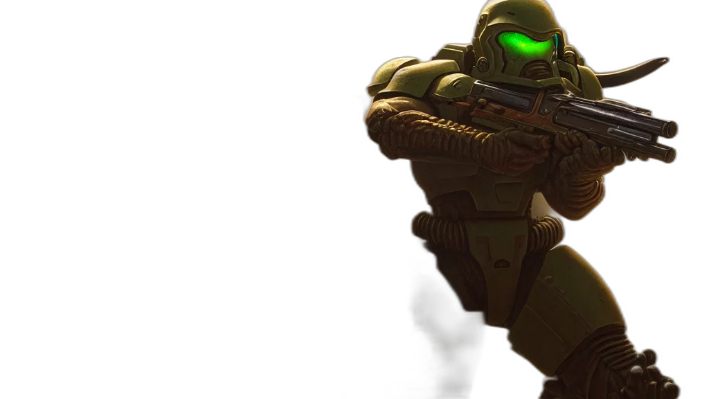 robot, weapon, 3d render, concept art, pixel art, green, doomguy, aims transparent PNG cut-out