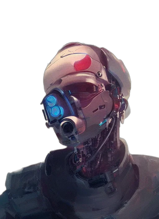 robot, face, mask, weapon, cyberpunk, concept art, comic book art, 3d render transparent PNG cut-out