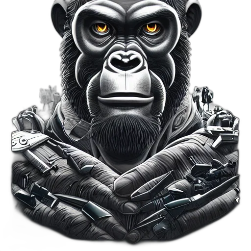 animal, concept art, comic book art, photorealistic, fantasy art, cyborg, ape, realistic transparent PNG cut-out