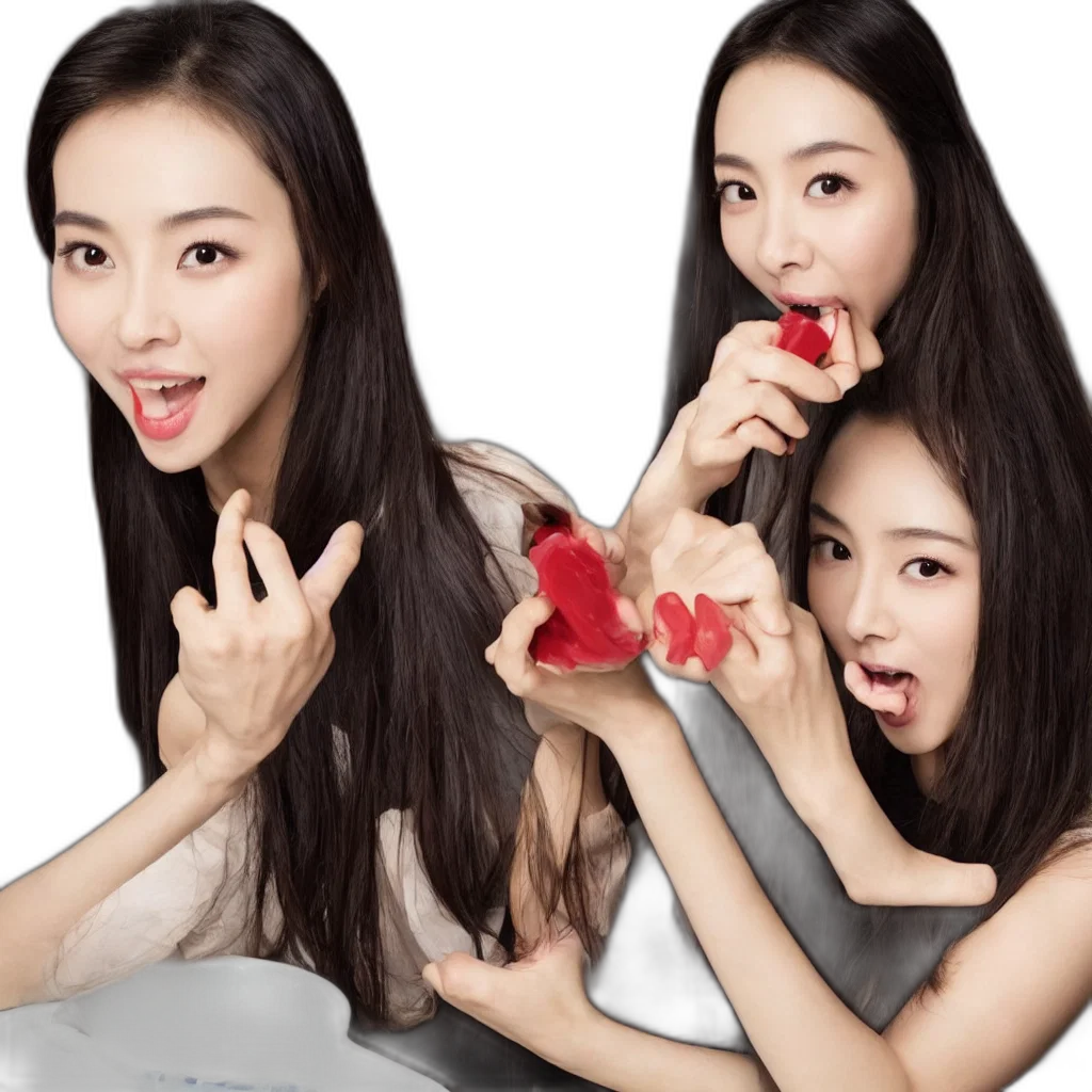 photorealistic, red, angelababy, eating transparent PNG cut-out