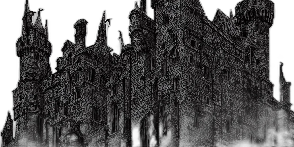 building, concept art, fantasy art, comic book art, pencil sketch, city street, fog, night transparent PNG cut-out