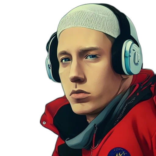 jacket, face, photorealistic, cartoon, concept art, pixel art, outer space, eminem transparent PNG cut-out