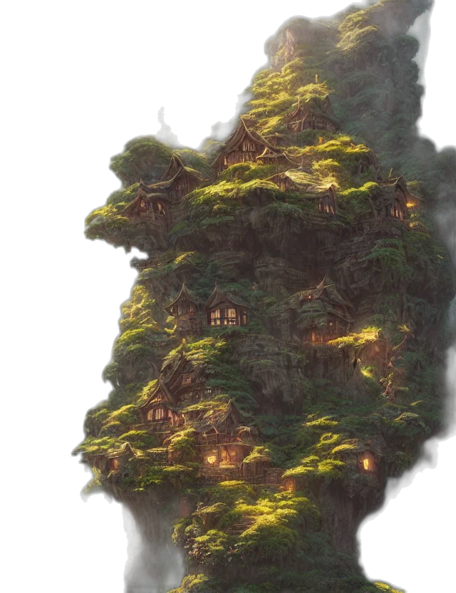 tree, dragon, building, concept art, fantasy art, 3d render, photorealistic, forest transparent PNG cut-out