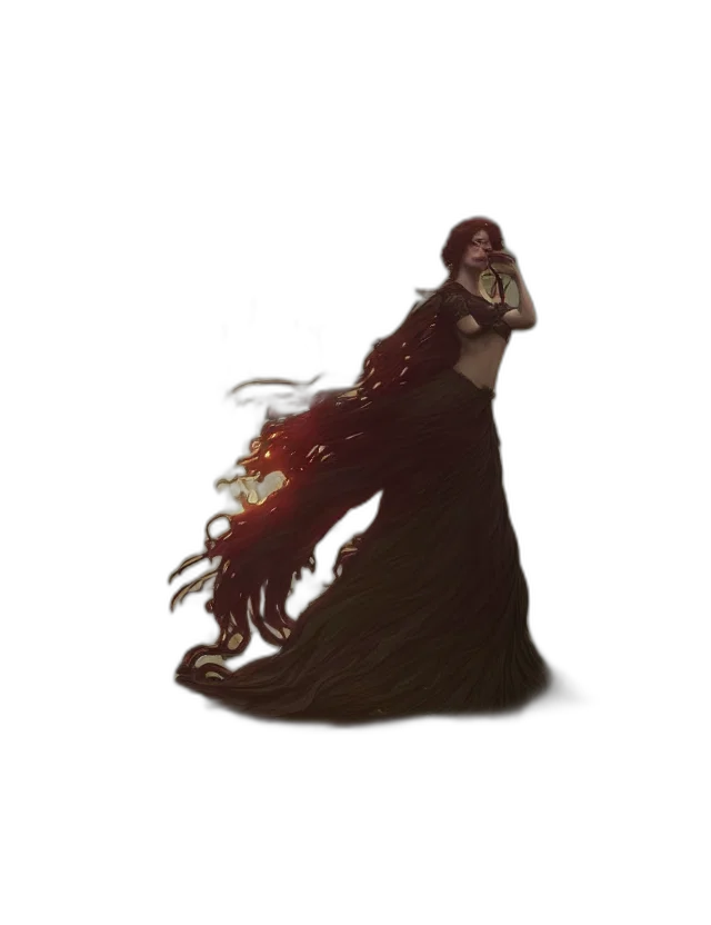 dress, creature, staff, hair, concept art, fantasy art, pixel art, 3d render transparent PNG cut-out