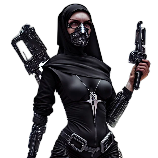 mask, weapon, staff, concept art, cyberpunk, comic book art, 3d render, nun transparent PNG cut-out