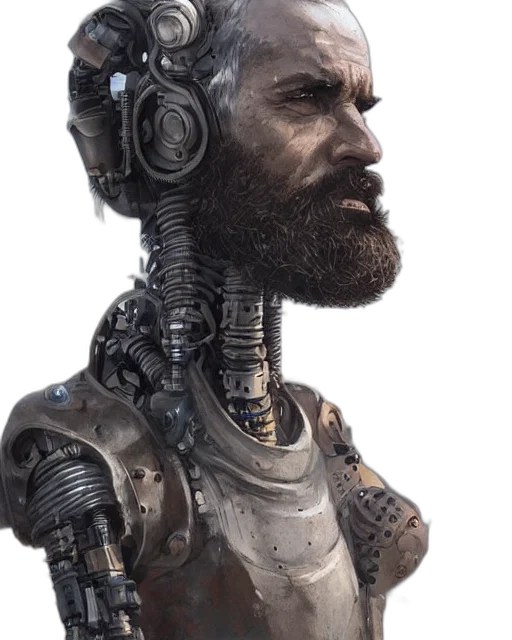 robot, face, staff, cyberpunk, concept art, 3d render, fantasy art, bearded transparent PNG cut-out