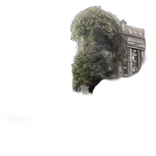 tree, building, mask, hair, concept art, photorealistic, 3d render, fantasy art transparent PNG cut-out