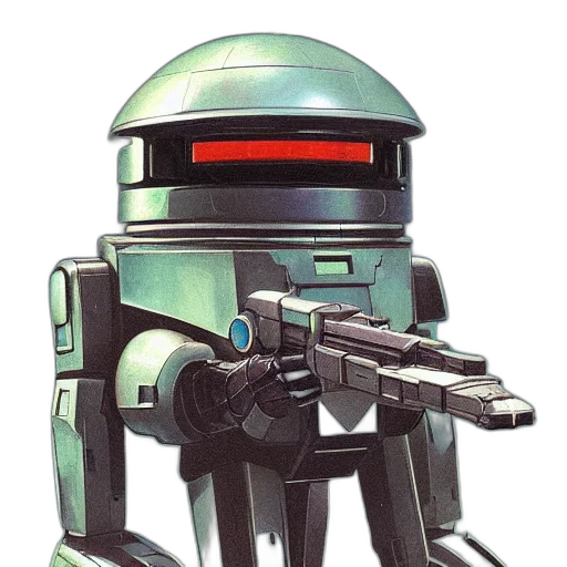 robot, weapon, staff, concept art, pixel art, watercolor, comic book art, green transparent PNG cut-out
