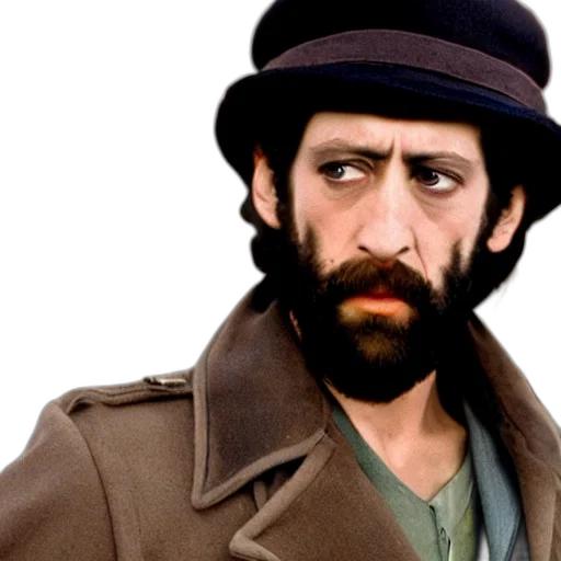 hat, face, jacket, photorealistic, film, still, serpico transparent PNG cut-out