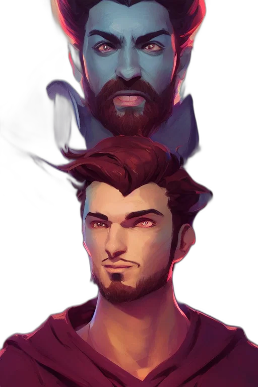 face, staff, mask, concept art, fantasy art, pixel art, comic book art, red transparent PNG cut-out