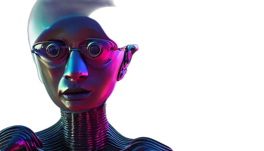 robot, face, cyberpunk, 3d render, concept art, vaporwave, neon lights, outer space transparent PNG cut-out
