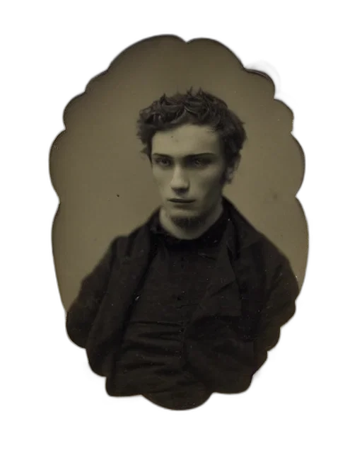 face, staff, hair, jacket, photorealistic, oil painting, tintype, photo transparent PNG cut-out
