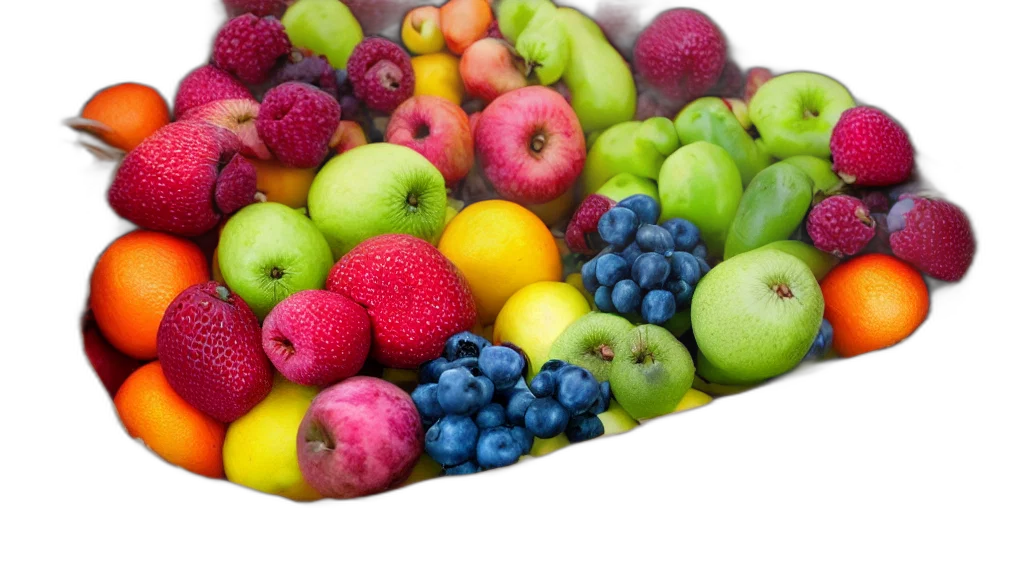 food, crown, photorealistic, colorful, neon, basket, fruites, aperture transparent PNG cut-out