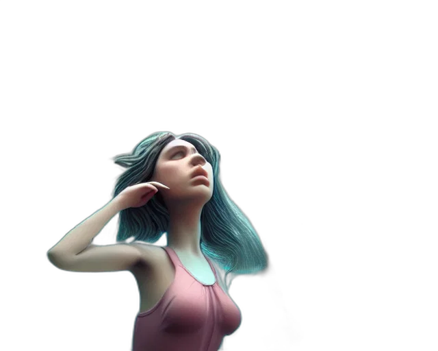 dress, robot, face, hair, 3d render, concept art, vaporwave, cyberpunk transparent PNG cut-out