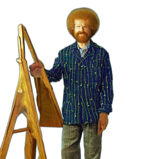 jacket, staff, furniture, hair, oil painting, photorealistic, bob, ross transparent PNG cut-out