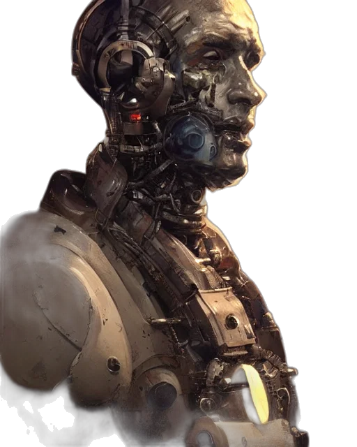 robot, face, mask, staff, concept art, cyberpunk, 3d render, photorealistic transparent PNG cut-out