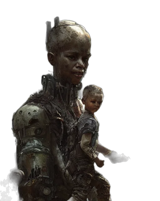 robot, face, concept art, fantasy art, cyberpunk, 3d render, dark, child transparent PNG cut-out