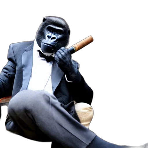 animal, concept art, gorilla, wearing, suit, sitting, chair, smoking transparent PNG cut-out