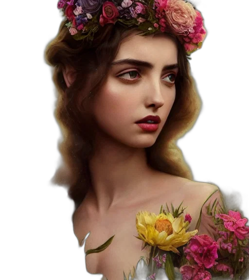 crown, flower, face, dress, fantasy art, photorealistic, oil painting, concept art transparent PNG cut-out