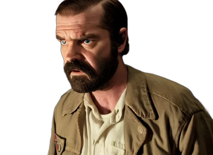 jacket, photorealistic, film, still, jim, hopper, joyce, byers transparent PNG cut-out