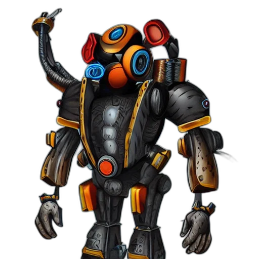 robot, staff, concept art, 3d render, comic book art, cyberpunk, monkey, wearing transparent PNG cut-out