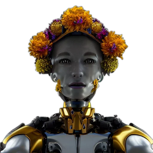 robot, face, crown, flower, concept art, cyberpunk, 3d render, photorealistic transparent PNG cut-out