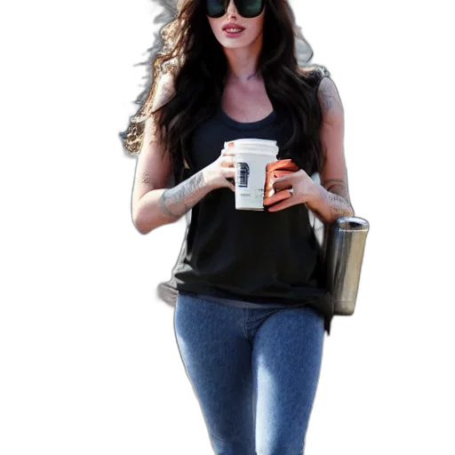 3d render, photorealistic, cartoon, dark, megan, fox, starbucks, holding transparent PNG cut-out