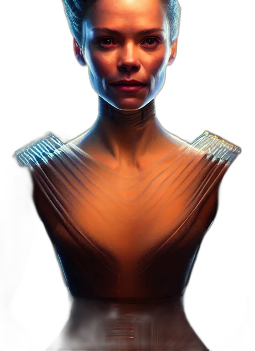 face, robot, dress, jewelry, concept art, cyberpunk, photorealistic, 3d render transparent PNG cut-out