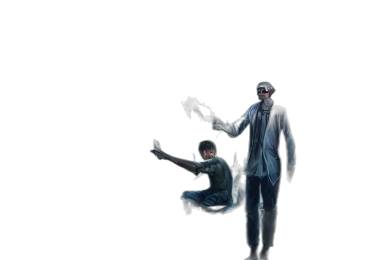 jacket, robot, creature, staff, concept art, comic book art, cyberpunk, pixel art transparent PNG cut-out