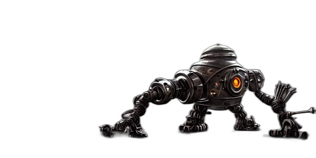 robot, weapon, creature, animal, concept art, 3d render, tarnished, chrome transparent PNG cut-out
