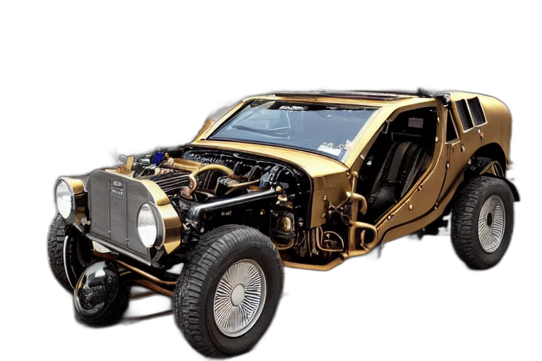 car, 3d render, golden, steampunk, delorean transparent PNG cut-out