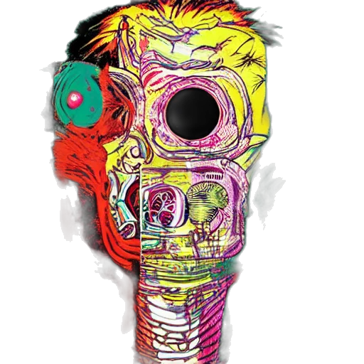 mask, face, staff, weapon, cyberpunk, concept art, comic book art, vaporwave transparent PNG cut-out