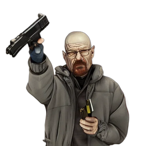 weapon, jacket, staff, concept art, pixel art, cyberpunk, photorealistic, walter transparent PNG cut-out