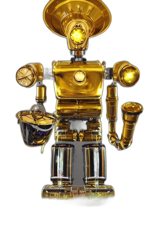 robot, jewelry, crown, bottle, concept art, 3d render, golden, portrait transparent PNG cut-out