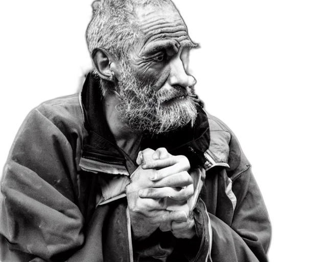 face, jacket, staff, animal, photorealistic, beautiful, handsome, homeless transparent PNG cut-out
