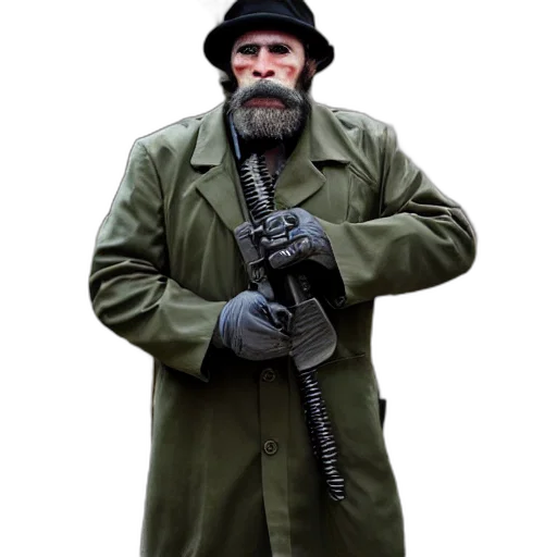 jacket, weapon, staff, hat, concept art, professional, photo, guerilla transparent PNG cut-out