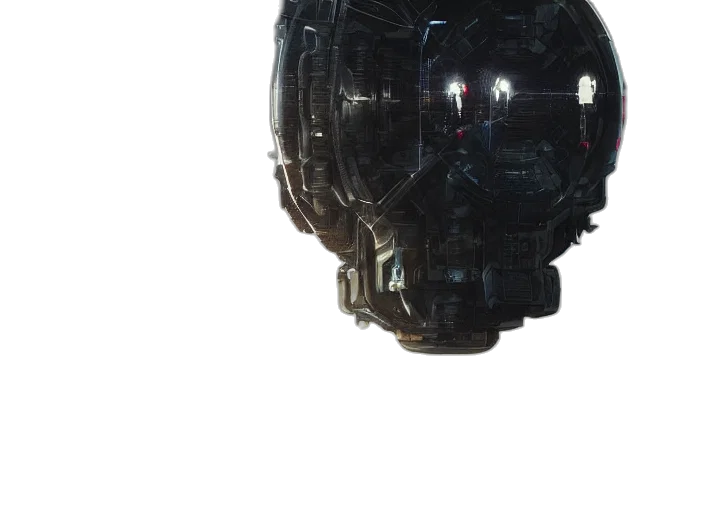 robot, mask, crown, weapon, 3d render, concept art, cyberpunk, photorealistic transparent PNG cut-out