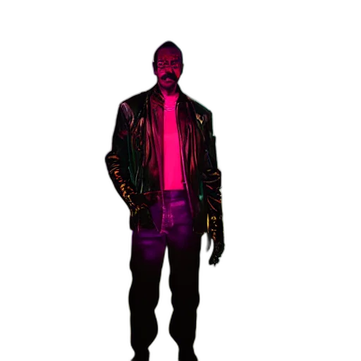 jacket, staff, robot, mask, cyberpunk, vaporwave, concept art, 3d render transparent PNG cut-out