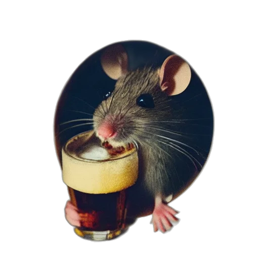 animal, food, photorealistic, 3d render, polaroid, mouse, drinking, beer transparent PNG cut-out