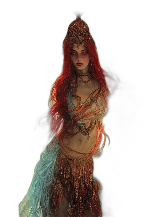 dress, jewelry, staff, creature transparent PNG cut-out