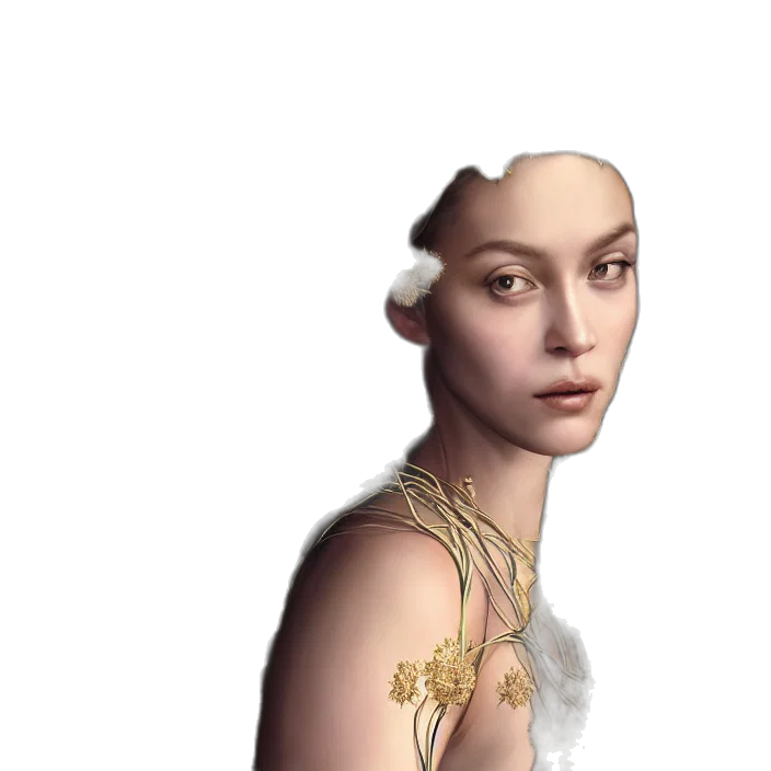 jewelry, crown, dress, robot, fantasy art, photorealistic, concept art, 3d render transparent PNG cut-out
